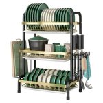 Three-tier gold and black dish rack with separate layers for plates, bowls, and utensils, featuring a sleek modern design for kitchen countertop organization in Lagos Nigeria