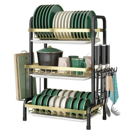 Three-tier gold and black dish rack with separate layers for plates, bowls, and utensils, featuring a sleek modern design for kitchen countertop organization in Lagos Nigeria