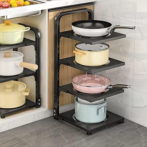 4-layer adjustable kitchen pan organizer rack for cabinet and under-sink storage, designed to neatly arrange pots, pans, and lids in Lagos Nigeria