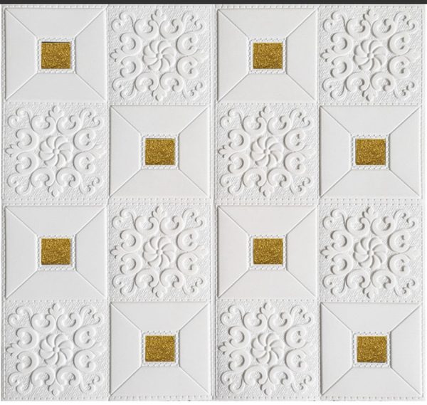 70CM BY 70CM THICK SELF ADHESIVE 3D WHITE & GOLD WATER PROOF FOAM WALL PANEL FOR LIVING ROOM, BEDROOM,WALLS & CEILING in Lagos Nigeria 70x70cm thick self-adhesive 3D white and gold waterproof foam wall panel for living rooms, bedrooms, walls, and ceilings in Lagos Nigeria