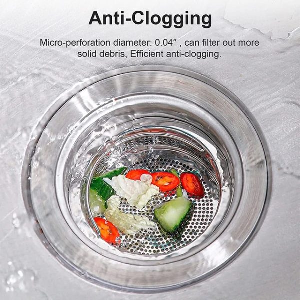 Built-in stainless steel kitchen sink strainer basket fitted in a standard drain opening, designed to trap food debris and prevent clogs; essential kitchen sink accessory in Lagos Nigeria
