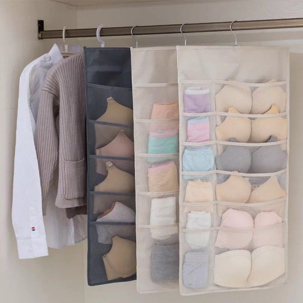 Dual-sided hanging closet organizer with multiple compartments for neatly storing clothing, shoes, and accessories in Lagos Nigeria
