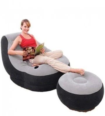 Intex inflatable chair with matching footrest and electric pump, designed for portable comfort and easy setup in indoor or outdoor spaces in Lagos Nigeria