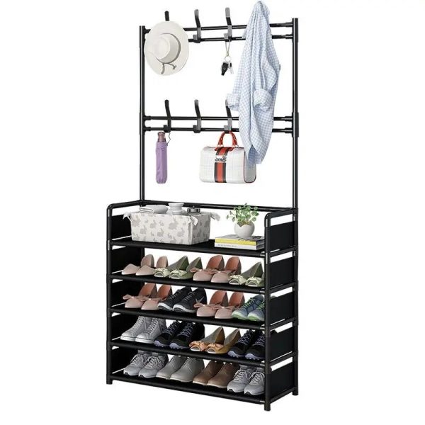 Multifunctional freestanding rack for organizing shoes, hats, and includes a built-in ironing board for space-saving convenience in Lagos Nigeria