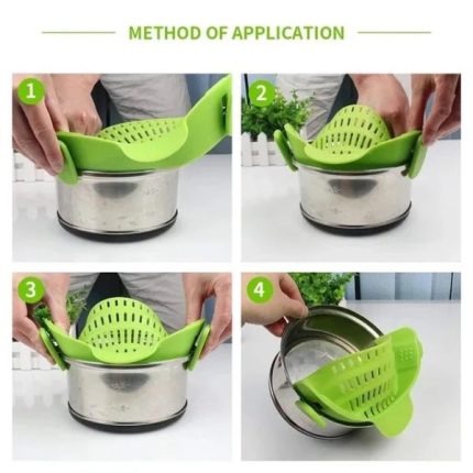 Silicone clip-on pasta strainer attached to a pot, draining water from cooked spaghetti; universal fit design for pots and bowls, ideal for pasta, ground beef, and other foods in Lagos Nigeria