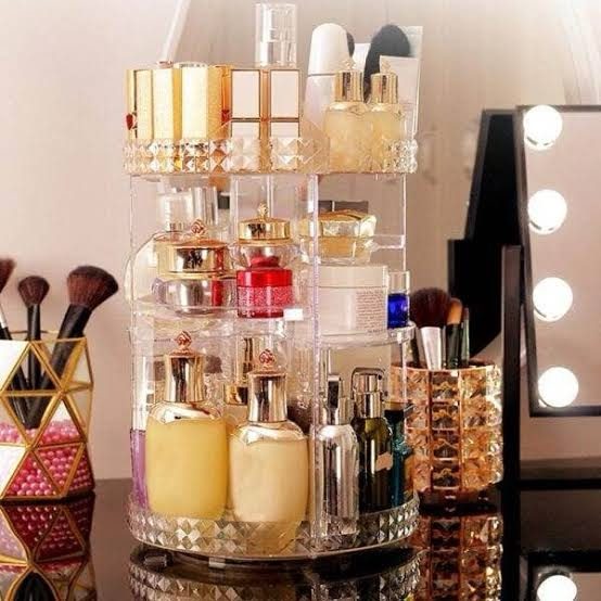 Rotary makeup organizer with 360-degree rotation and adjustable compartments for cosmetics, skincare, and toiletries in Lagos Nigeria