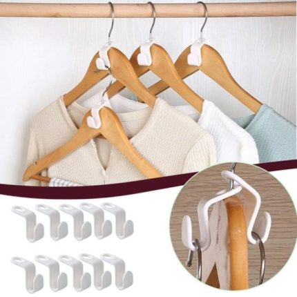 Set of 10 plastic closet organizer hooks used as hanger connectors to save wardrobe space by vertically stacking clothes in Lagos Nigeria