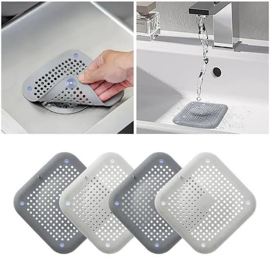 Square silicone drain cover hair stopper with suction cups, designed to catch hair and debris in showers, bathtubs, or kitchen sinks; easy to install and clean in Lagos Nigeria