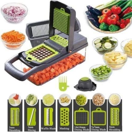 “Irresistible Nicer Dicer Genius multifunctional vegetable chopper with interchangeable blades, container base, and safety lid, shown slicing fresh produce in Lagos Nigeria