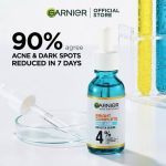 A 30ml clear dropper bottle of Garnier Bright Complete Anti-Acne Booster Serum with yellow accents, formulated with Vitamin C and Salicylic Acid for brightening skin and treating acne in Lagos Nigeria