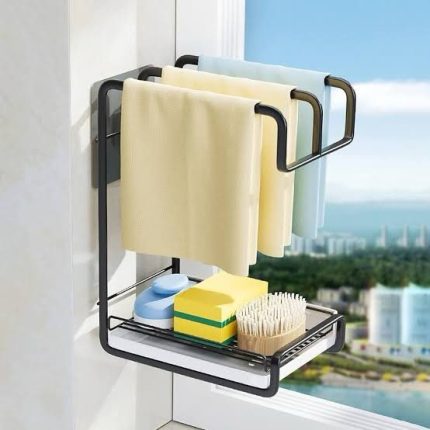 3-in-1 self-adhesive kitchen sink organizer with brush holder, storage basket, and drain tray in Lagos Nigeria