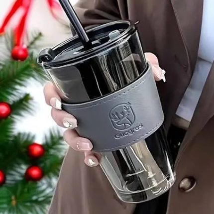 450ml glass tumbler mug with lid, glass straw, and anti-skid leather sleeve for hot and cold drinks in Lagos Nigeria