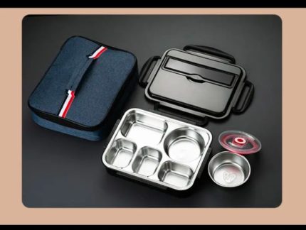 Divided stainless steel lunch container with five food compartments, complete with reusable spoon and chopsticks in Lagos Nigeria