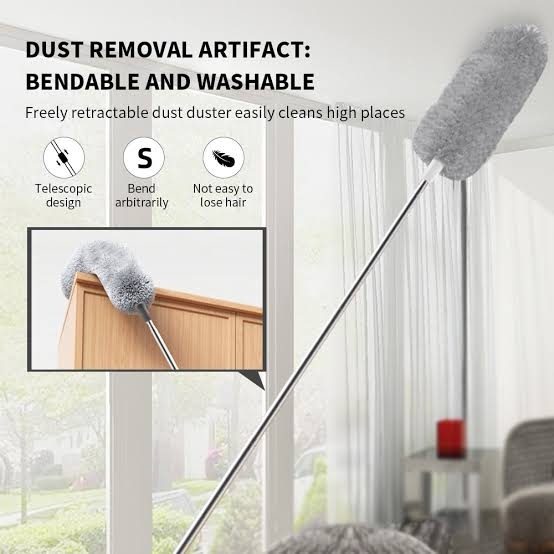 Long handle feather duster for easy dusting of high and hard-to-reach areas, lightweight cleaning tool available in Lagos, Nigeria.