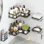 5-in-1 corner shower caddy with multiple adjustable shelves and hooks, neatly organizing shampoo, soap, and bathroom essentials in a compact, space-saving design in Lagos Nigeria.