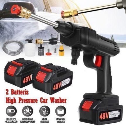 Pressure Washer Gun 48V 12000mah High Pressure Water Gun for Car Wash Bike Washing Cleaning with 5m Hose, Foam Sprayer (Black-2 Battery)