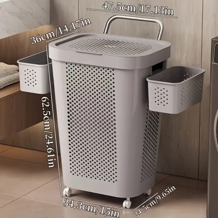 Laundry Basket with Wheels, Hand-Held Laundry Basket with Lid, Plastic Laundry Hamper Storage Bucket with Mini Basket, for Kitchen Bedroom Bathroom Closet(White & GREY)