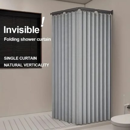 Foldable Shower Curtain Rod with Shower Curtain (152.5-180cm)Fold Wall-Mounted Corner Curtain Rods with 12 Rings, Suction Cups Shower Curtain Rod for Bathroom Bathtub No Drill