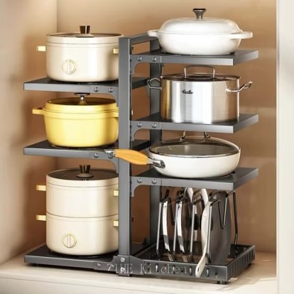 Adjustable Pot Organizer Rack for Kitchen Cabinet, Heavy Duty Pan and Lid Storage, Space-Saving Cookware Holder for Pots, Pans, and Lids,Black