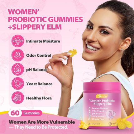 Women’s Probiotics + Slippery Elm Pineapple Flavor | Supports pH Balance, Gut Health & Immune System | with Slippery Elm, Prebiotics & Lactobacillus Blend | 60 Gummies