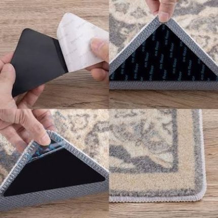4PC Rug Pads Grippers Anti Slip Rug Pads Pcs Rug Tape,Anti Slip Rug Pads Grippers for Hardwood Floors and Tiles,No Residue,Reusable Carpet Tape for Area Rugs, Double-Sided Adhesive Rug Stickers(10.5cm *10.5CM*14.6CM)